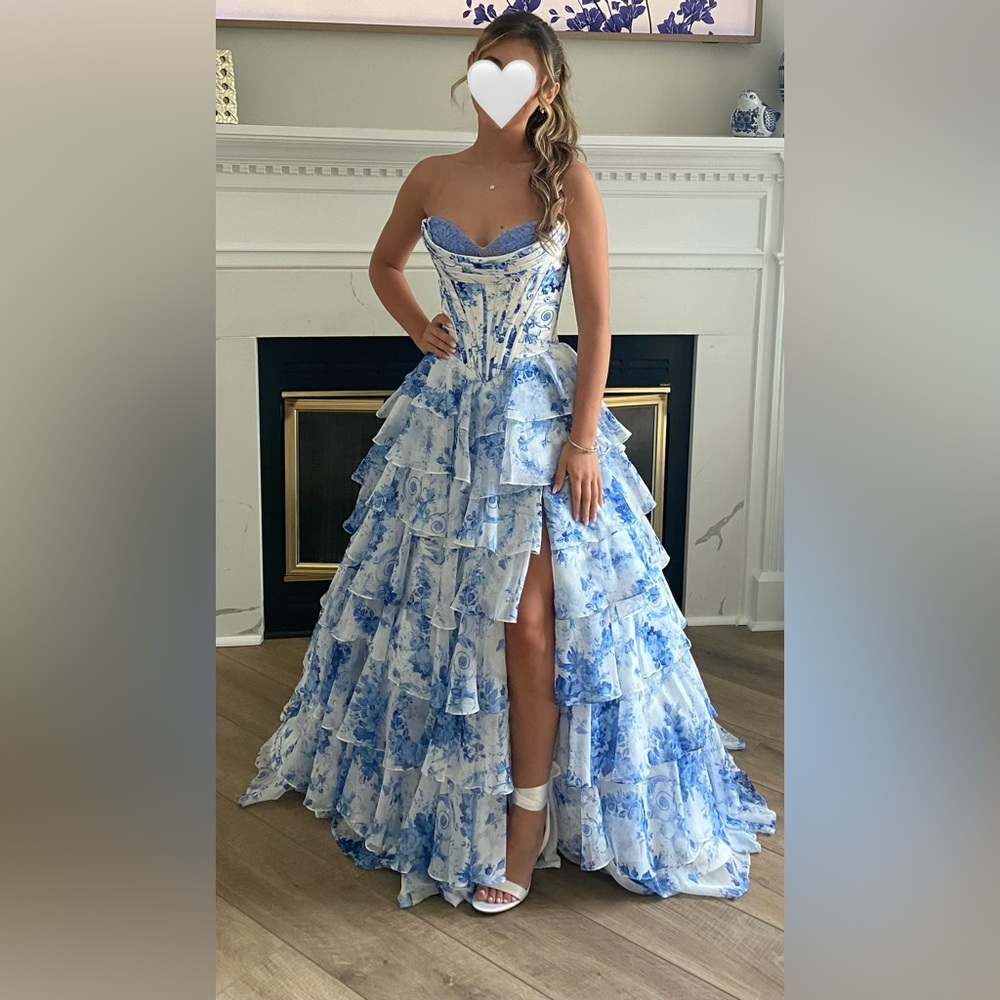 Sherri Hill - 57250 blue floral print ruffled ball gown. Price is firm.